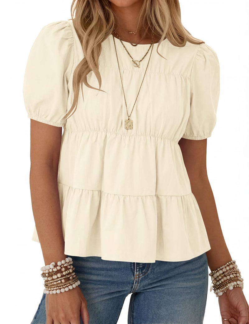 Rapbin Womens Summer Tops Round Neck Blouses Loose Puff Short Sleeve Cute Babydoll Tops Casual Dressy T-Shirts 2026 (Apricot L) - Image 1