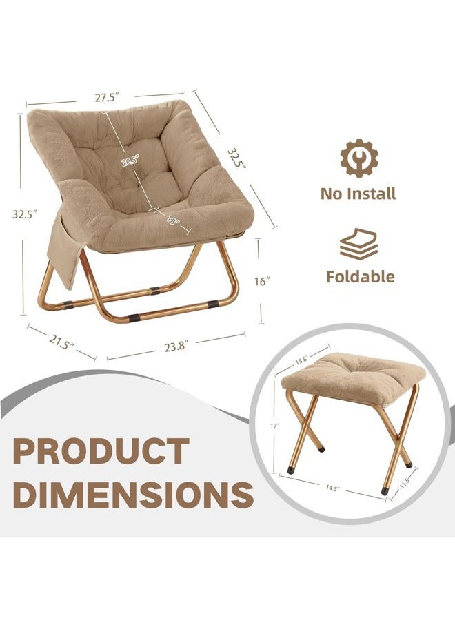 Osumlee Comfy Saucer Chair for Adults, Foldable Living Room Chairs, Soft Faux Fur Lounge Chair for Bedroom, Reading Chairs, X-Large (Ottoman-Beige) - Image 2