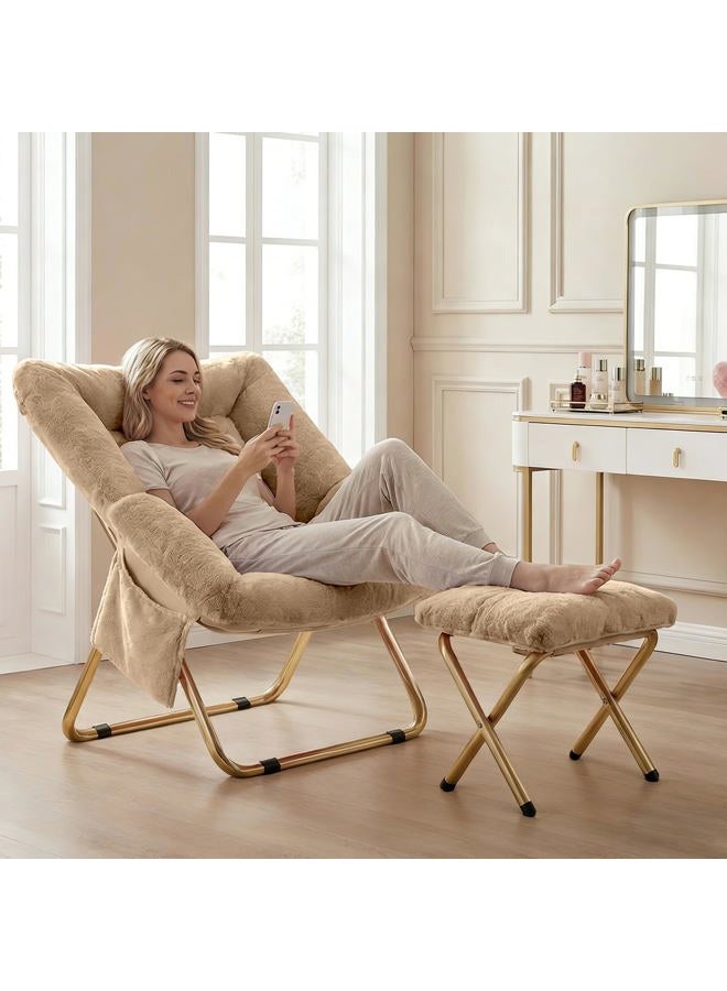 Osumlee Comfy Saucer Chair for Adults, Foldable Living Room Chairs, Soft Faux Fur Lounge Chair for Bedroom, Reading Chairs, X-Large (Ottoman-Beige) - Image 3