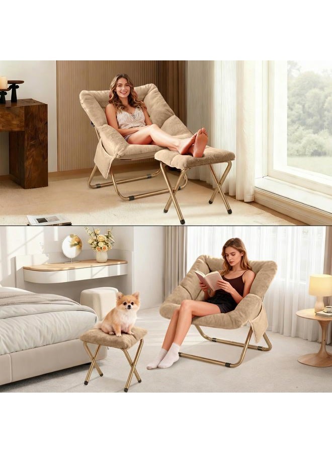 Osumlee Comfy Saucer Chair for Adults, Foldable Living Room Chairs, Soft Faux Fur Lounge Chair for Bedroom, Reading Chairs, X-Large (Ottoman-Beige) - Image 4