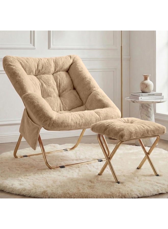 Osumlee Comfy Saucer Chair for Adults, Foldable Living Room Chairs, Soft Faux Fur Lounge Chair for Bedroom, Reading Chairs, X-Large (Ottoman-Beige) - Image 1