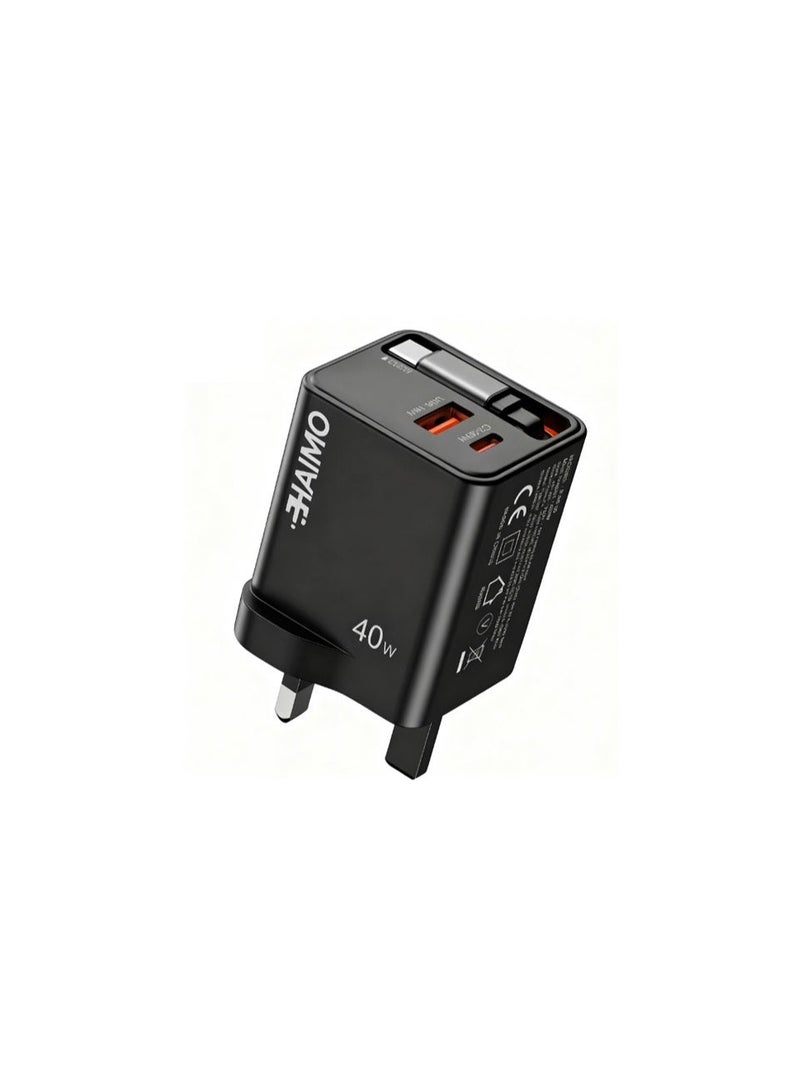 Haimo 40W Retractable Fast Charger Supports QC3.0 and PD with Built-in Cable, Supports All Android Phones and iPhone 15/16/17 Series - Black color - Image 2