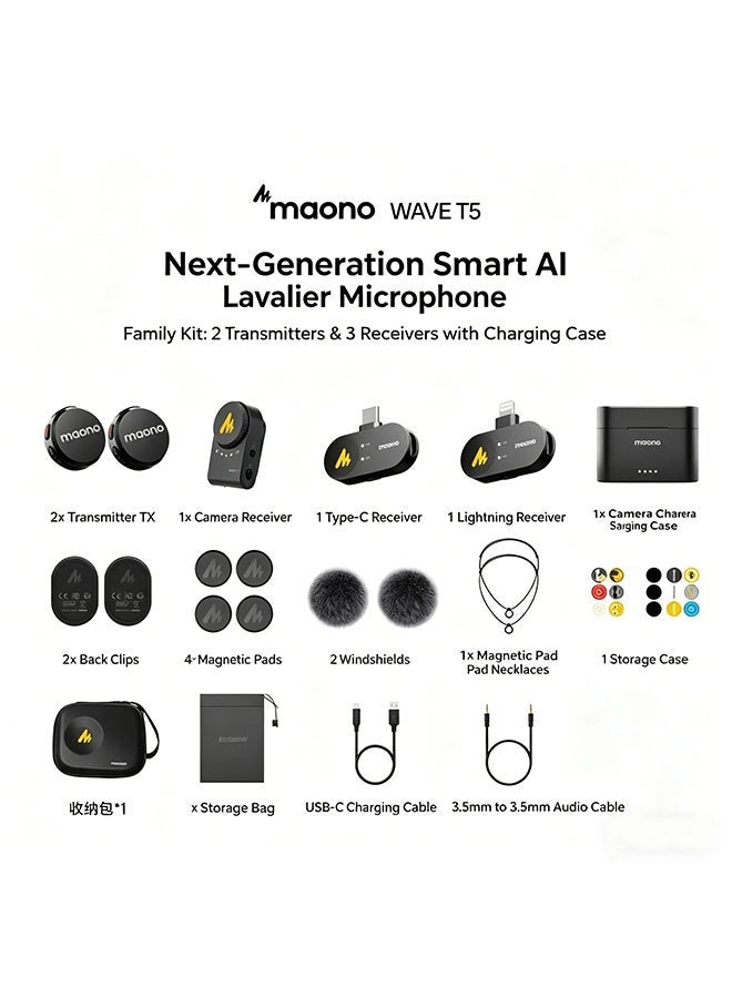MAONO Wireless Lavalier Microphone for iPhone 17/16/15/Android/Tablet, USB C Mini Mic with 48KHz 24Bit, 300m Range, Voice Filter, Noise Cancellation, 30H Use for Video Recording, Streaming - Wave T5