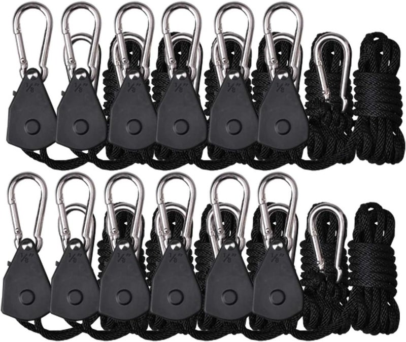 TopoGrow 12PCS/6 Pairs Adjustable Rope Hanger Ratchet Grow Light Hangers 1/8'' 150lb Reinforced Internal Gears Ratchets, Loose-Proof Design for Grow Lights - Image 1