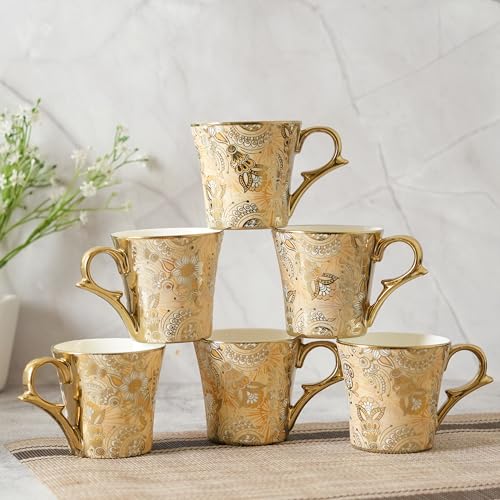 Femora Bridal Mahendi Gold Print Ceramic Tea and Coffee Mugs, (180 ml, Golden) - 6 Pcs Set (NOT Microwave Safe) - Image 2