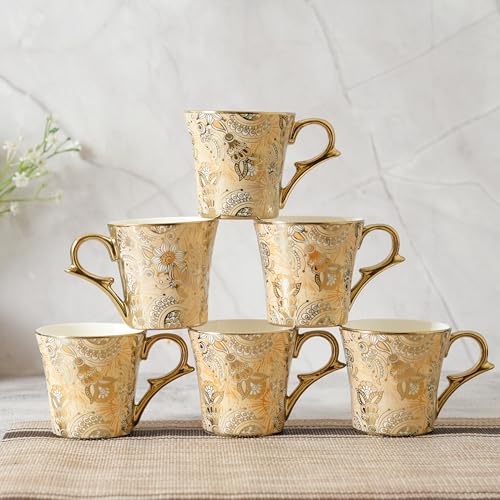 Femora Bridal Mahendi Gold Print Ceramic Tea and Coffee Mugs, (180 ml, Golden) - 6 Pcs Set (NOT Microwave Safe) - Image 4