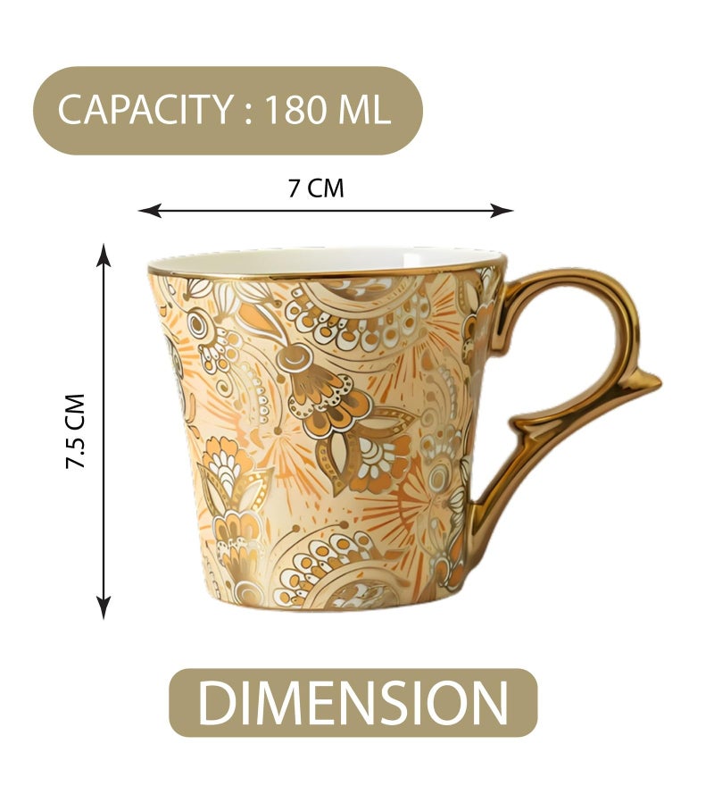 Femora Bridal Mahendi Gold Print Ceramic Tea and Coffee Mugs, (180 ml, Golden) - 6 Pcs Set (NOT Microwave Safe) - Image 3