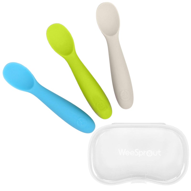WeeSprout Baby Spoons for Self Feeding 6 Months +, Soft & Durable Silicone Utensils for Sensitive Gums & Teeth, Easy Grip Handles & Shorter Length for Little Hands, 3 Pack + Carrying Case - Image 1