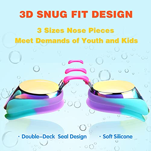 Keary Kids Swim Goggles Swimming Goggles for Toddler Children Girls Boys Youth, Anti-Fog Waterproof UV Protection Clear Vision Mirror Flat Lens Water Pool Goggles with 3 Nose Piece, Rainbow Kids Goggles - Image 3