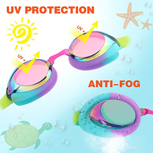 Keary Kids Swim Goggles Swimming Goggles for Toddler Children Girls Boys Youth, Anti-Fog Waterproof UV Protection Clear Vision Mirror Flat Lens Water Pool Goggles with 3 Nose Piece, Rainbow Kids Goggles - Image 4