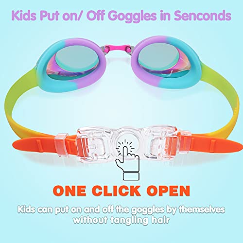 Keary Kids Swim Goggles Swimming Goggles for Toddler Children Girls Boys Youth, Anti-Fog Waterproof UV Protection Clear Vision Mirror Flat Lens Water Pool Goggles with 3 Nose Piece, Rainbow Kids Goggles - Image 5
