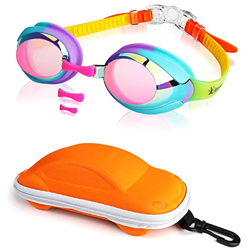 Keary Kids Swim Goggles Swimming Goggles for Toddler Children Girls Boys Youth, Anti-Fog Waterproof UV Protection Clear Vision Mirror Flat Lens Water Pool Goggles with 3 Nose Piece, Rainbow Kids Goggles - Image 1