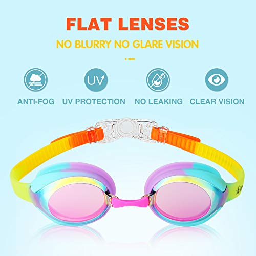 Keary Kids Swim Goggles Swimming Goggles for Toddler Children Girls Boys Youth, Anti-Fog Waterproof UV Protection Clear Vision Mirror Flat Lens Water Pool Goggles with 3 Nose Piece, Rainbow Kids Goggles - Image 2