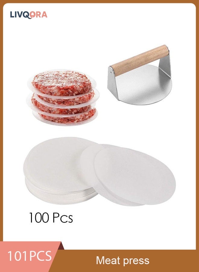 ليفقورا مكبس برجر مع 100 ورقة دائرية غير لاصقة – أوراق برجر 12 سم مقاومة للماء والزيت للتجميد والخبز والشوي - Image 1