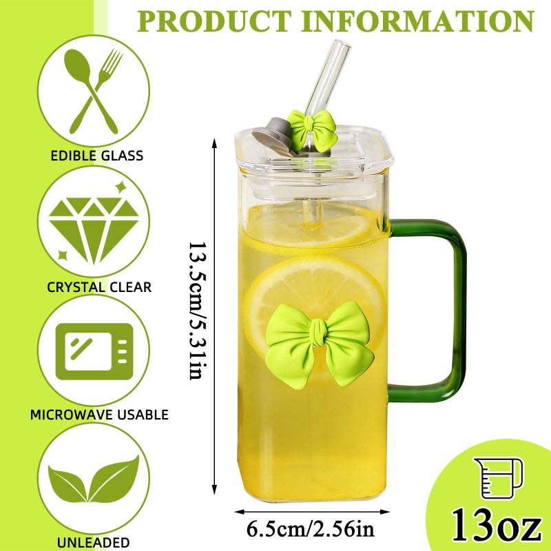 YINXIANJIN 13Oz Square Glass Cups with Lids and Strawsï¼ŒHeat Resistant Glass Tumbler with Handle Bow Knot Transparent Drinking Glasses for Water,Juice,Iced Coffee,Milk,Tea (green) - Image 2