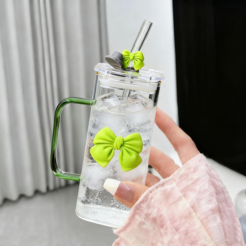 YINXIANJIN 13Oz Square Glass Cups with Lids and Strawsï¼ŒHeat Resistant Glass Tumbler with Handle Bow Knot Transparent Drinking Glasses for Water,Juice,Iced Coffee,Milk,Tea (green) - Image 1