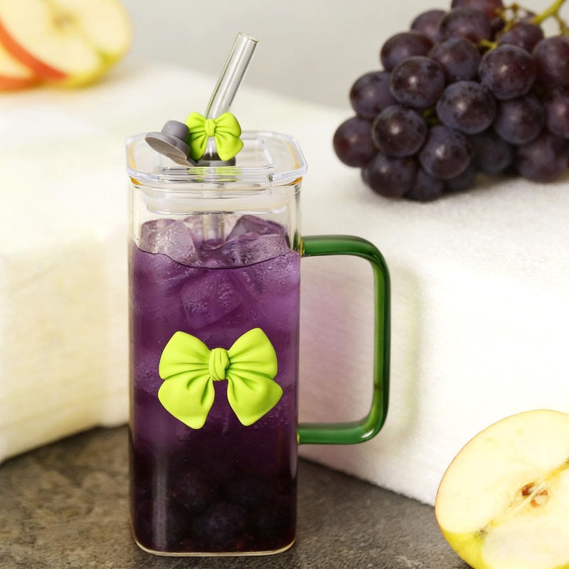 YINXIANJIN 13Oz Square Glass Cups with Lids and Strawsï¼ŒHeat Resistant Glass Tumbler with Handle Bow Knot Transparent Drinking Glasses for Water,Juice,Iced Coffee,Milk,Tea (green) - Image 5