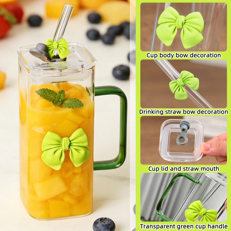 YINXIANJIN 13Oz Square Glass Cups with Lids and Strawsï¼ŒHeat Resistant Glass Tumbler with Handle Bow Knot Transparent Drinking Glasses for Water,Juice,Iced Coffee,Milk,Tea (green) - Image 3