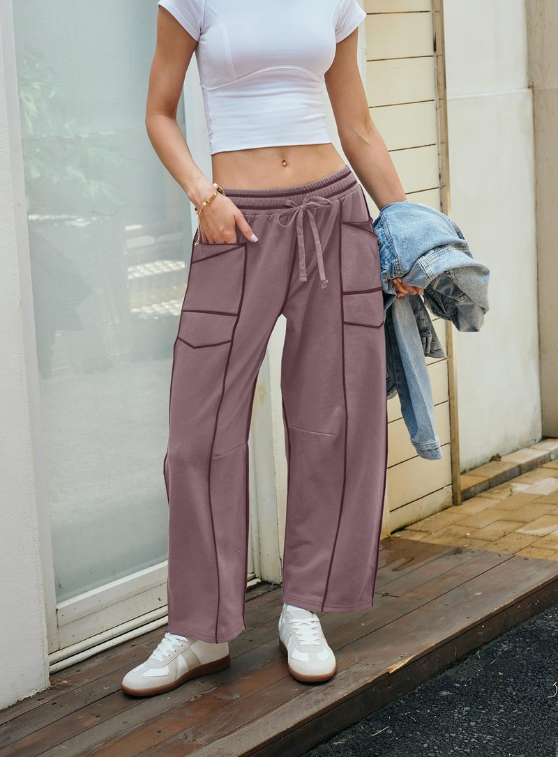 Yanekop Womens Baggy Wide Leg Pants Casual Fall Trousers Palazzo Pants Drawstring Waist Barrel Sweatpants with Pockets(Grayish Brown,S) - Image 3