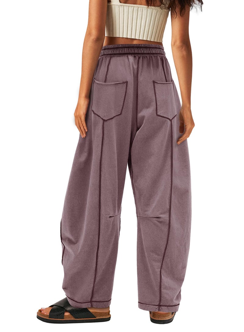 Yanekop Womens Baggy Wide Leg Pants Casual Fall Trousers Palazzo Pants Drawstring Waist Barrel Sweatpants with Pockets(Grayish Brown,S) - Image 2
