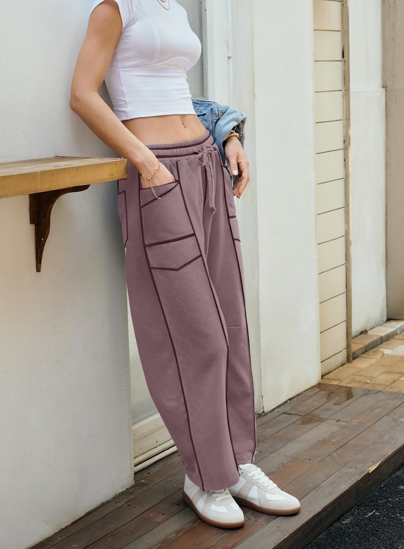 Yanekop Womens Baggy Wide Leg Pants Casual Fall Trousers Palazzo Pants Drawstring Waist Barrel Sweatpants with Pockets(Grayish Brown,S) - Image 4