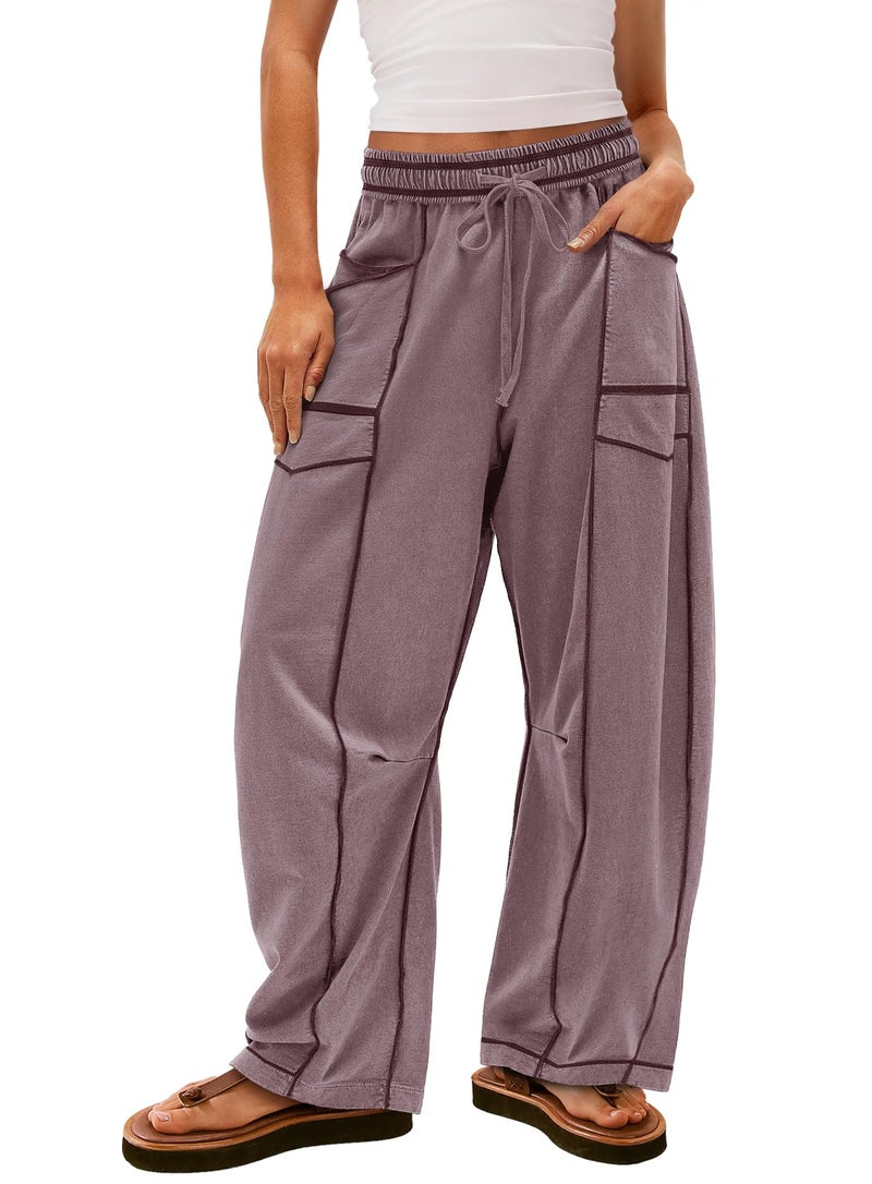 Yanekop Womens Baggy Wide Leg Pants Casual Fall Trousers Palazzo Pants Drawstring Waist Barrel Sweatpants with Pockets(Grayish Brown,S) - Image 1