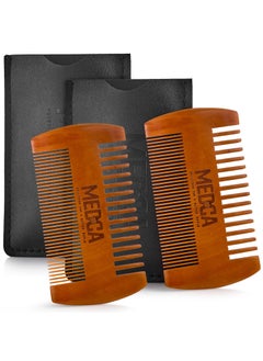 MEDca Wooden Beard Comb for Men  Pack of 2 Handcrafted Solid Beechwood Beard Combs Mustache and Head Hair Pocket Comb with Leather Case  Dual Action Fine  Coarse Teeth 