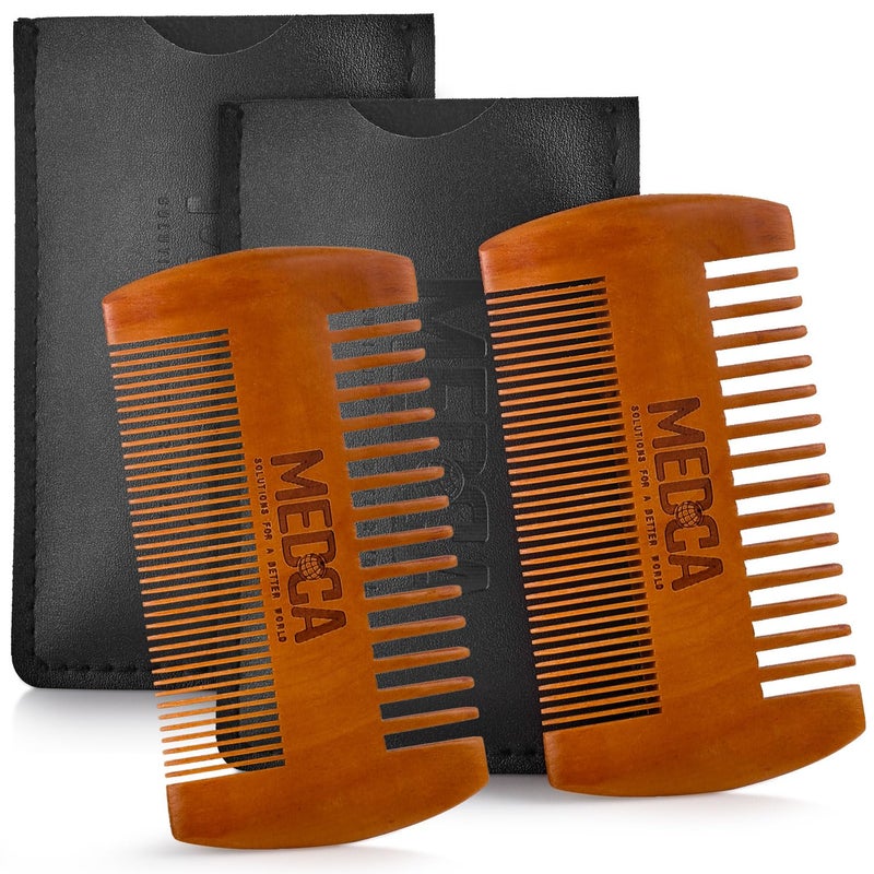 MEDca Wooden Beard Comb for Men  Pack of 2 Handcrafted Solid Beechwood Beard Combs Mustache and Head Hair Pocket Comb with Leather Case  Dual Action Fine  Coarse Teeth