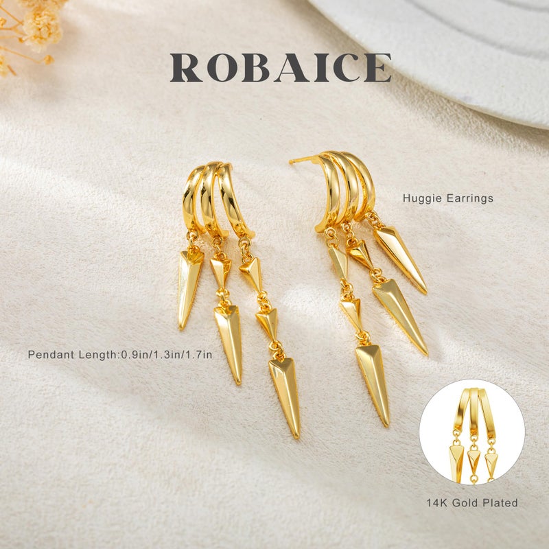 Robaice Dangle Earrings for Women,14k Gold Plated Triple Huggie Stud Earrings Dainty Drop Earrings for Women Trendy Gold Statement Chain Earrings Non Tarnish Jewelry - Image 5