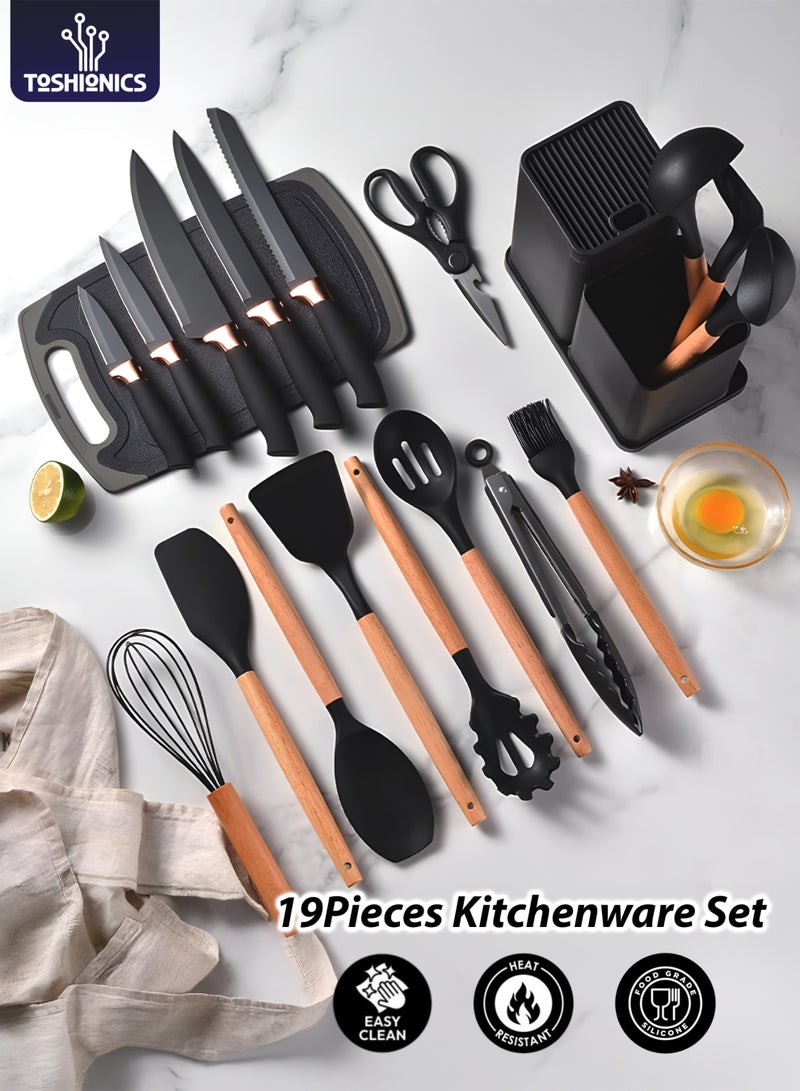توشيونيكس طقم أدوات مطبخ سيليكون ١٩ قطعة بمقابض خشبية T١١٤٦٥٩ | أدوات طبخ مقاومة للحرارة وغير لاصقة + طقم سكاكين ٦ في ١ + حامل + لوح تقطيع | أدوات طبخ سيليكون فاخرة آمنة غذائيًا - Image 1