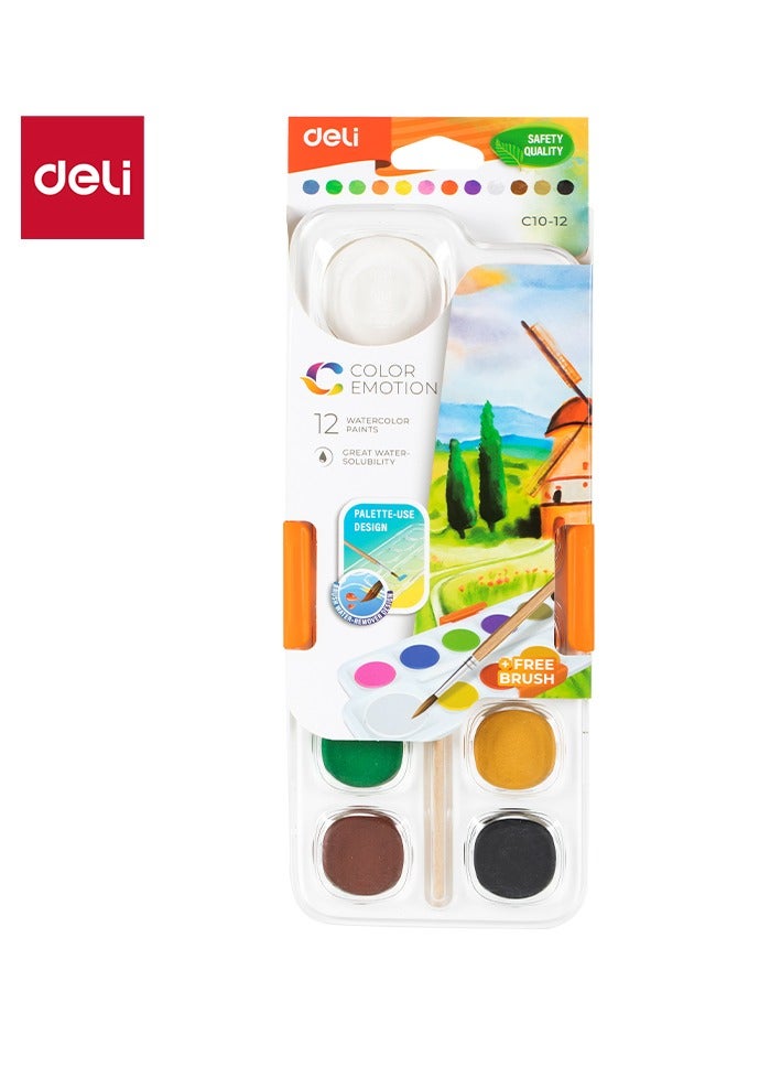 Deli مجموعة ألوان مائية دلي EC10-12 COLOR EMOTION، 12 لون، كعكات طلاء 28 مم، تشمل فرشاة مجانية - Image 1