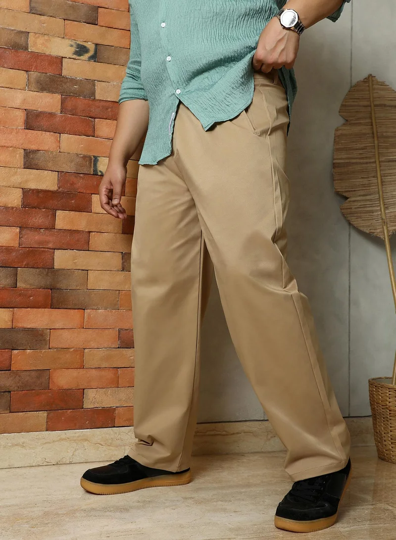 Instafab Plus Instafab Plus Men's Khaki Beige Single-Pleated Solid Trousers | Mid-Rise , Straight Hem , Button Closure | Solid Plain Polyester Blend Material For Office & Casual Wear