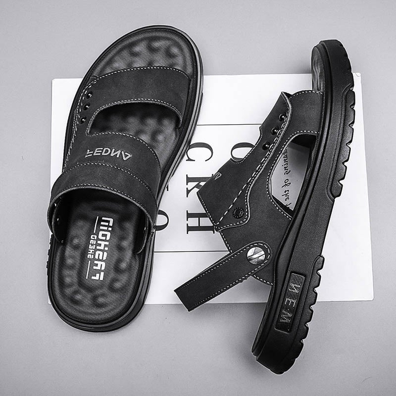 Genuine Leather Sandals Men'S Summer Outer Wear Dad Dual-Use Casual Boys Wear-Resistant Sports Beach Slippers - Image 1