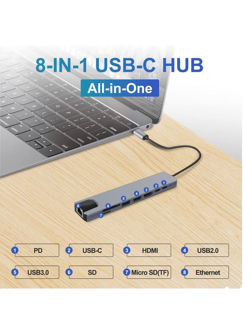 Generic - USB C Hub, 8 in 1 Type C Hub Multiport Adapter with 4K HDMI, PD Power Delivery, USB-C, Ethernet, 2 USB, SD/TF Card Reader Compatible with Mac Book Pro XPS and More Type C Devices - Image 1