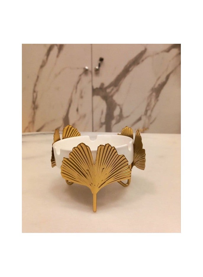 Elegant Porcelain Ashtray with Gold Ginkgo Leaf Stand