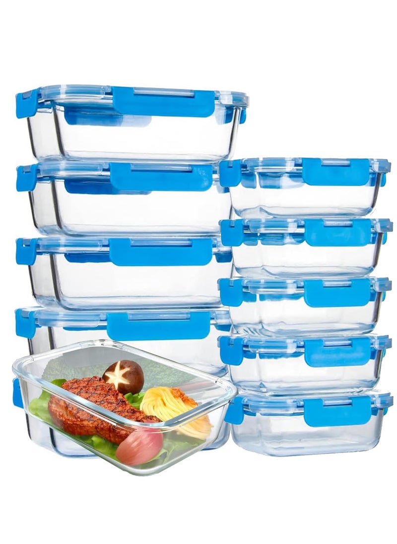 TYCOM Glass Meal Prep Containers (10 Pcs Rectangle) Glass Food Storage Containers With Lids Glass Lunch Box Portion Control Airtight Glass Bento Box Lunch Containers 10p Rectangle Dark Blue  - Image 1