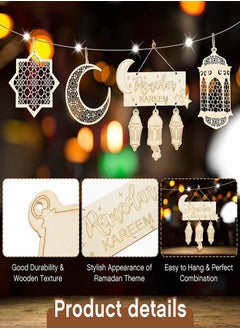 Tiokkss زينة رمضان، زينة رمضان، فانوس خشبي، حلي معلقة، لوحة لافتة، زخرفة مع أبيض دافئ 5 متر 50 LED، سلسلة أضواء خرافية تعمل بالبطارية، زينة رمضان لديكور المنزل والحفلات  - Image 2