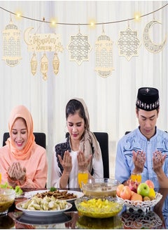 Tiokkss زينة رمضان، زينة رمضان، فانوس خشبي، حلي معلقة، لوحة لافتة، زخرفة مع أبيض دافئ 5 متر 50 LED، سلسلة أضواء خرافية تعمل بالبطارية، زينة رمضان لديكور المنزل والحفلات  - Image 5