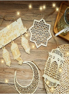 Tiokkss زينة رمضان، زينة رمضان، فانوس خشبي، حلي معلقة، لوحة لافتة، زخرفة مع أبيض دافئ 5 متر 50 LED، سلسلة أضواء خرافية تعمل بالبطارية، زينة رمضان لديكور المنزل والحفلات  - Image 3
