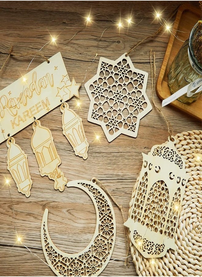 Tiokkss - Ramadan Decorations Ramadan Ornament Wooden Lantern Baubles Hanging Plaque Sign Ornament with Warm White 5M 50LED Battery Operated Fairy String Lights Ramadan Decoration for Home Party Decor - Image 1