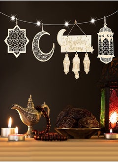 Tiokkss زينة رمضان، زينة رمضان، فانوس خشبي، حلي معلقة، لوحة لافتة، زخرفة مع أبيض دافئ 5 متر 50 LED، سلسلة أضواء خرافية تعمل بالبطارية، زينة رمضان لديكور المنزل والحفلات  - Image 4