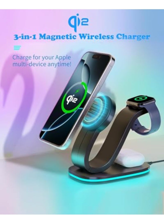 Luckam محطة شحن لاسلكية 3 في 1، محول USB-C بقوة 30 واط، شاحن مغناطيسي لجهاز iPhone 16/15/14 Pro Max، ساعة IWatch Series 10/9 وسماعات AirPods 4/3 Pro، قاعدة شحن سريعة، سوداء - Image 5