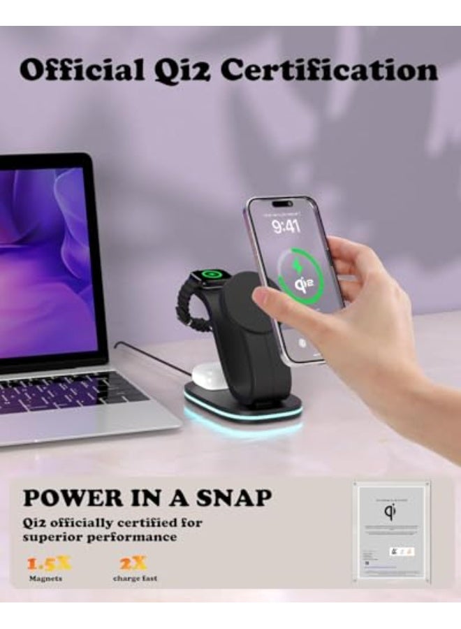 Luckam محطة شحن لاسلكية 3 في 1، محول USB-C بقوة 30 واط، شاحن مغناطيسي لجهاز iPhone 16/15/14 Pro Max، ساعة IWatch Series 10/9 وسماعات AirPods 4/3 Pro، قاعدة شحن سريعة، سوداء - Image 2