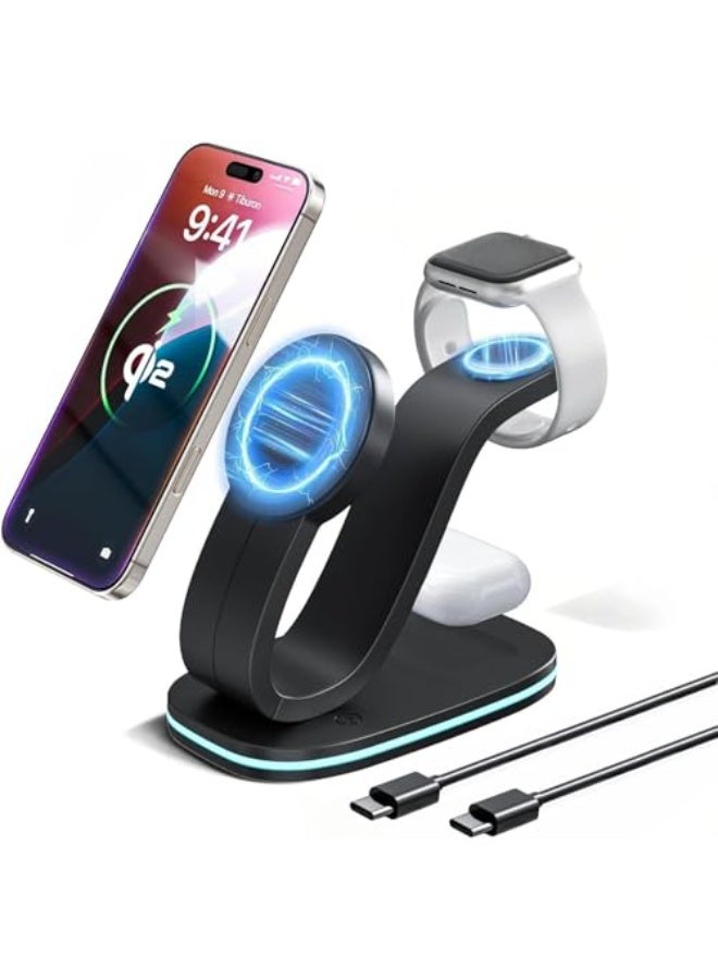 3-in-1 Wireless Charging Station, 30W USB-C Adapter, Mag-Safe Charger for iPhone 16/15/14 Pro Max, IWatch Series 10/9 & AirPods 4/3 Pro, Fast Charging Stand, Black