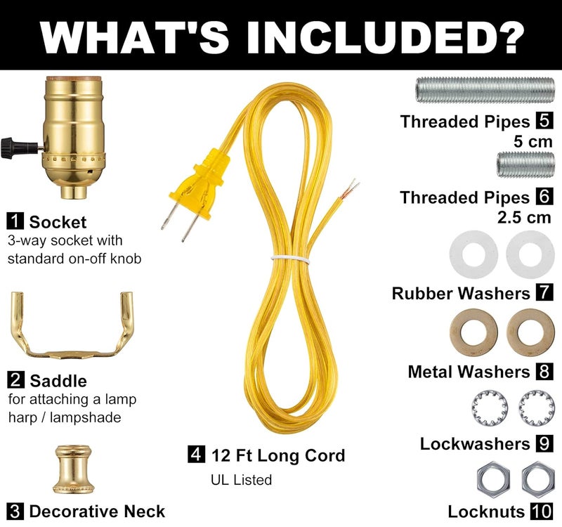 Qc Lamp Rewire Kit, Lamp Kits for Do It Yourself, Lamp Repair Kit with 3-Way Lamp Socket and Essential Hardware, 12 Ft Lamp Cord Replacement, Lamp Rewiring Kit for Table Lamps and Floor Lamps (Gold) - Image 2