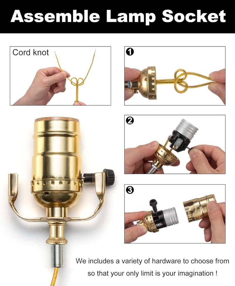 Qc Lamp Rewire Kit, Lamp Kits for Do It Yourself, Lamp Repair Kit with 3-Way Lamp Socket and Essential Hardware, 12 Ft Lamp Cord Replacement, Lamp Rewiring Kit for Table Lamps and Floor Lamps (Gold) - Image 4