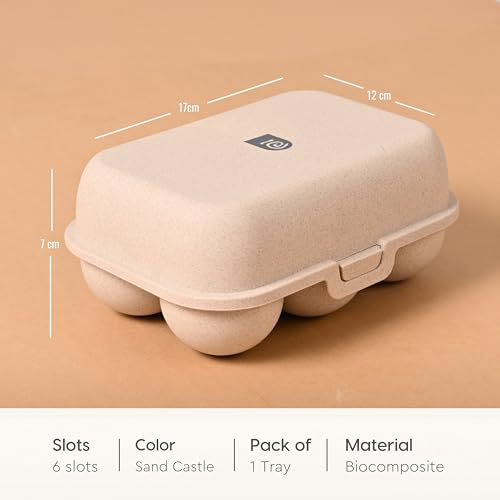 Eha Earth Friendly 6 Grid Kitchen Storage Box For Eggs With Lid| Egg Tray For Fridge | Fridege Organizer For Egg |Made With Rice Husk Biocomposite | Travel Egg Storage Container With Lid | Sand Castle - Image 2