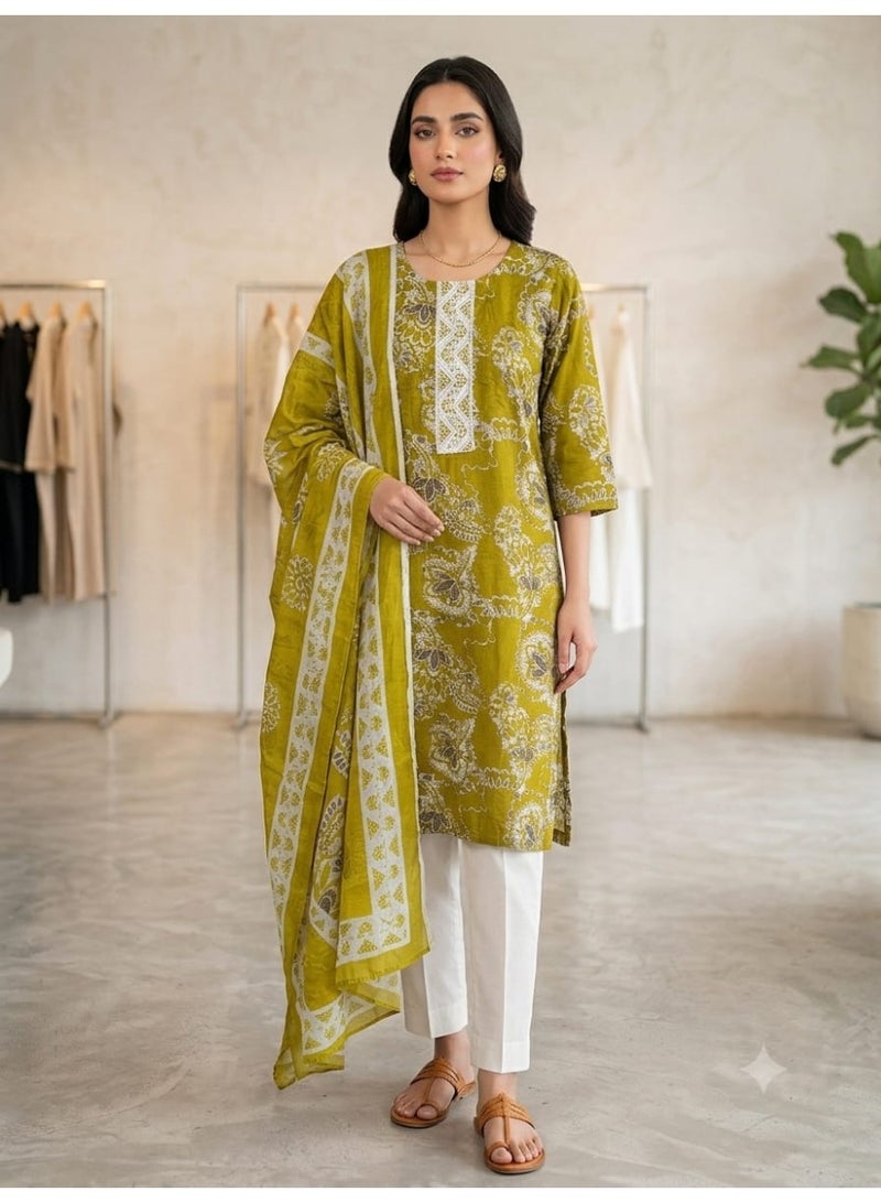 Women's Olive Green Printed Kurti with Dupatta
