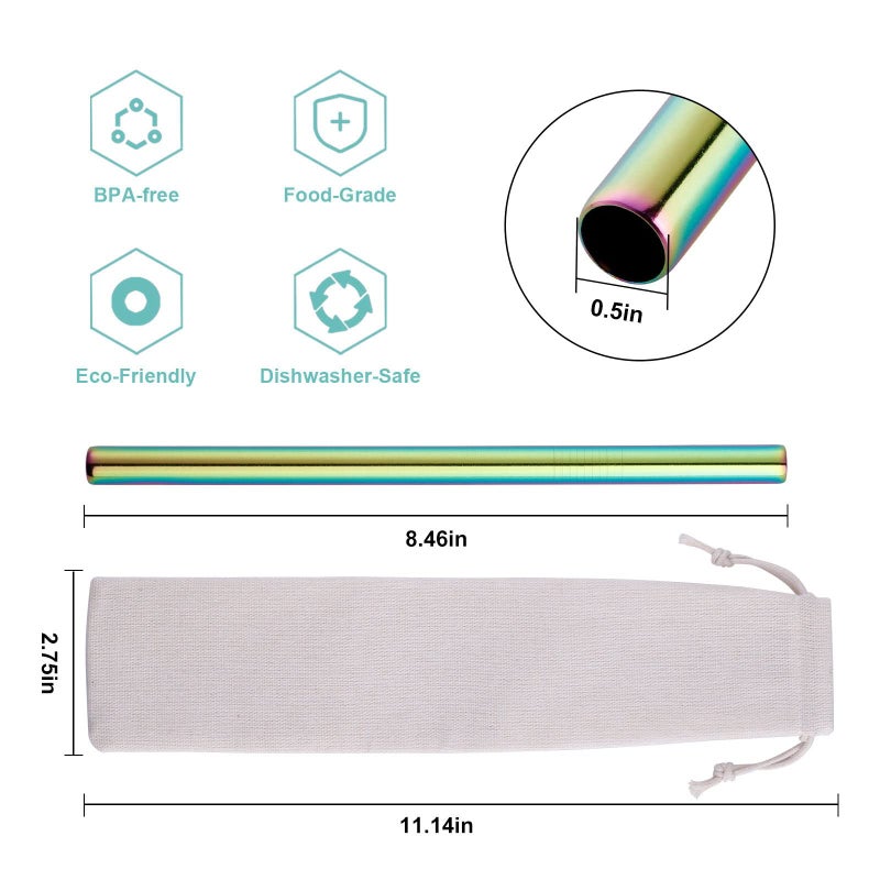 Kitiok Reuseable Boba Metal Straws 8-Piece Stainless Steel Wide Jumbo Metal Drinking Straws for Smoothie Beverages Boba Tea Milkshake Rainbow - Image 3