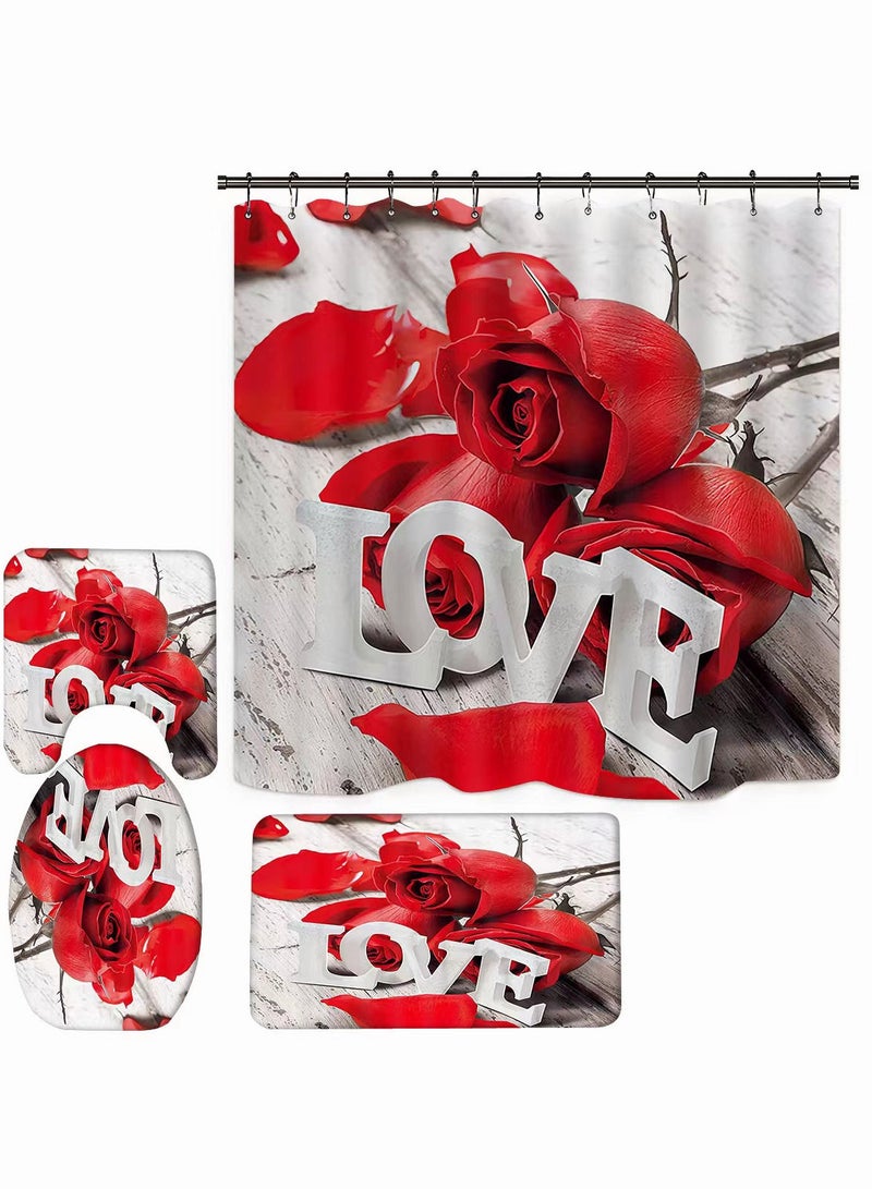 4-Pieces/Set Bathroom Household Supplies,Love Heart Pattern Bathroom Suit,Shower Curtain/Pedestal Rug/Toilet Lid Cover/Bath Mat Decor Set - Image 1